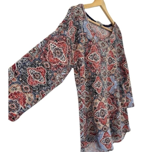 Women's XL Red Blue Stretch Relaxed Casual 3/4 Sleeve Pullover Blouse Top - Picture 3 of 4